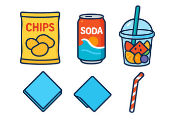 Summer snack and refreshment icons: potato chips, soda can, fruit smoothie cup, straw, and napkins