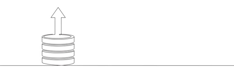 continuous single-line drawing of stacked coins with an upward arrow, symbolizing financial growth and investment on a white background.