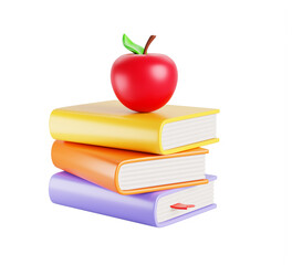 Book stack with red apple on top. Cartoon 3d render icon of literature pile with color covers, paper pages and bookmark for reading and education concept. Textbooks on blue background