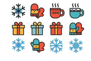 Colorful winter holiday icons set featuring snowflakes, warm gloves, steaming mugs, and wrapped presents