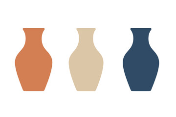 Collection of three minimalist ceramic vases in earthy tones and dark blue isolated on white