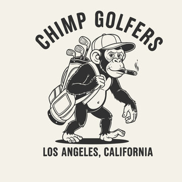 Vintage cartoon illustration of a chimpanzee golfer smoking a cigar.
