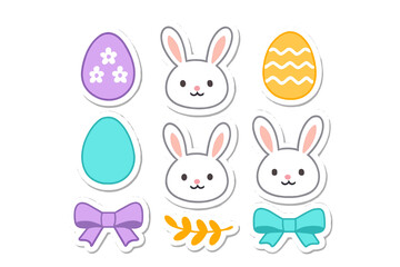 Obraz premium Cute Easter holiday elements set featuring cartoon bunny faces decorated eggs and colorful ribbons