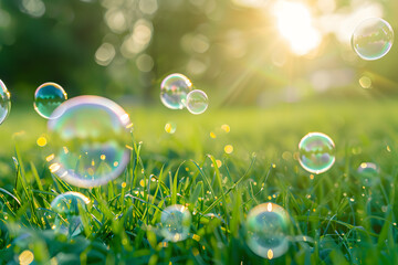 Ephemeral Beauty Soap Bubbles Floating in a Sunny Green Meadow