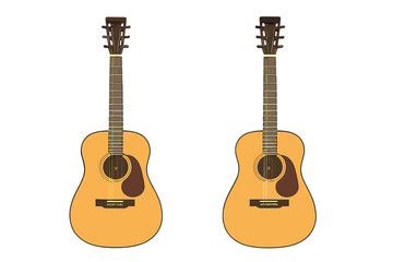 Fototapeta premium Two identical light brown acoustic guitars with dark fretboards and tuning pegs