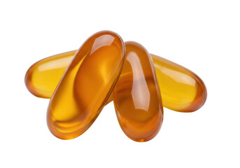 Three amber gel capsules isolated on transparent background