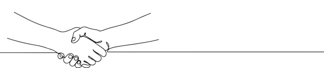 Minimalist continuous line art of a handshake, symbolizing partnership, agreement, and cooperation.