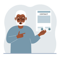 A man holds in his hands a finished sample of a contract with seals.