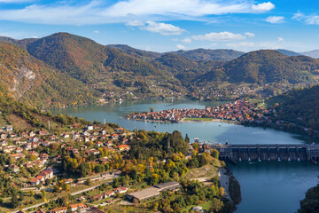View of the Drina River and Mali Zvornik hydroelectric power plant on an autumn day from Zvornik Fortress