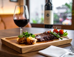 Well-done Wagyu beef steak, served on the wood tray with red wine