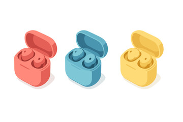 Three colorful wireless earbuds sets in open charging cases in isometric view