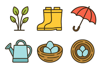 Spring and gardening essentials icon set featuring a plant, rubber boots, umbrella, watering can, and bird nest with eggs