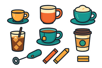 Colorful collection of hot and cold beverages and drinks including coffee, tea, cappuccino, and iced drinks with accessories