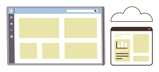 Open browser windows with layout blocks and a cloud icon conveying data access, cloud storage, and online collaboration. Ideal for technology, cloud computing, web design, productivity, software