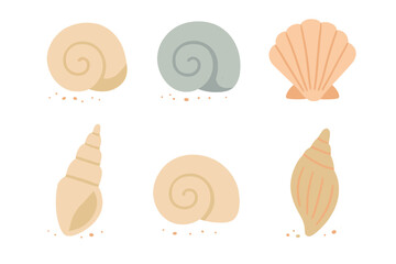 Collection of six different marine seashells rendered in soft pastel colors on a white background