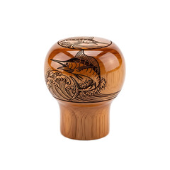 A wooden, glossy, orb-shaped handle features a detailed carving of a marlin leaping from ocean waves. Above it are etched depictions