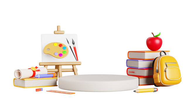 Back to school 3d scene with podium, backpack, book stack, apple, stationery supplies, easel with canvas, paint, brush and paper diploma on blue background for product presentation