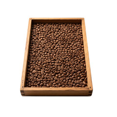 A wooden tray filled to the brim with roasted coffee beans, viewed at an elevated, slightly angled perspective
