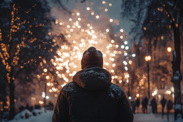 Dreamy Winter Night with a Person Admiring Sparkling Fireworks in Festive Holiday Atmosphere, Generative AI