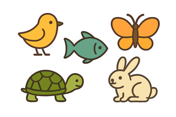 Adorable collection of five simple stylized animal icons including a bird, fish, butterfly, turtle, and bunny