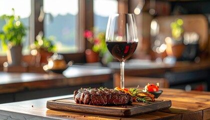 Well-done Wagyu beef steak, served on the wood tray with red wine