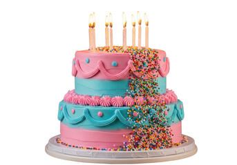 Two tier birthday cake with lit candles isolated on transparent background