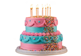 Two tier birthday cake with lit candles isolated on transparent background