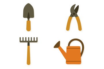 Set of essential gardening tools including shovel rake pruning shears and watering can