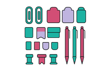 Obraz premium Colorful collection of essential office and school stationery supplies including paper clips and pens