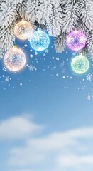 A New Year's tree with magical, self-luminous, multicoloured baubles in a snowy forest glade. Snowfall. A Christmas mood, nature. Vertical background, greeting card, banner, or social media post.