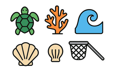 Colorful marine life and ocean elements including sea turtle coral wave and seashells