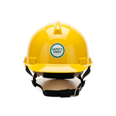 A yellow, protective construction helmet. The hard hat features a chin strap and a safety-focused label on the front. It is isolated on black