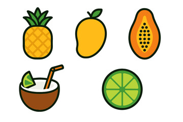 Vibrant tropical fruits and summer drinks set featuring pineapple mango and papaya