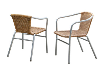 Garden chairs with metal frame and wicker seat, isolated on a white background