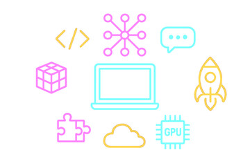 Neon outline icons for software development, cloud computing, and startup innovation concepts
