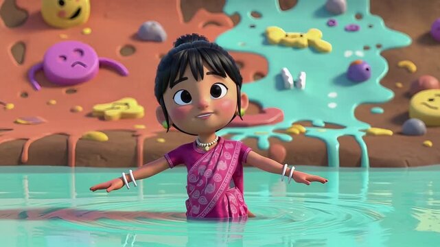 Animated Girl in Saree Wading Through Water in a Cartoon Candy Land