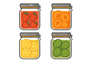 Four glass jars filled with preserved strawberries, apricots, lemon slices, and green pickles