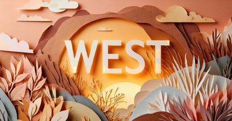 Papercraft landscape depicts desert scene. Warm colors dominate, featuring word WEST prominently displayed against sunset backdrop. Vegetation present.