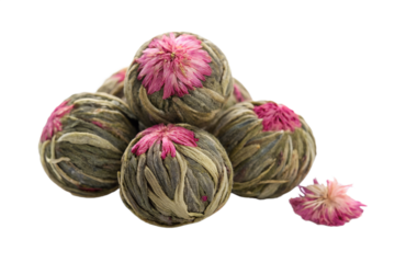 Pile of Hand-Tied Blooming Flower Tea Balls Isolated on Transparent Background