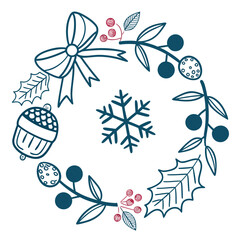 Charming christmas wreath with a bow, berries, holly leaves, and a snowflake, creating a festive and decorative element for holiday designs and greetings