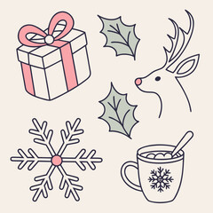 Charming christmas doodles showcasing a gift box, reindeer, holly leaves, snowflake, and a mug of hot chocolate, evoking a warm and joyful holiday spirit
