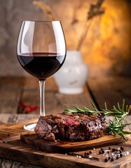 Well-done Wagyu beef steak, served on the wood tray with red wine