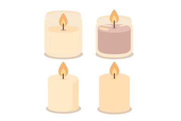 Set of four burning scented candles including pillar and jar styles on a white background