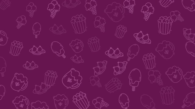 Food pattern, repeating popcorn, ice cream, and dessert icons are on a purple backdrop. This fun design is perfect for foodrelated graphics and marketing materials.
