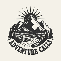 Naklejka premium Adventure Calls Mountain River Trees Sun Emblem.