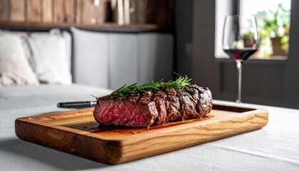 Well-done Wagyu beef steak, served on the wood tray with red wine