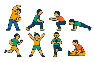 Diverse collection of fitness poses and workout movements for exercise and training