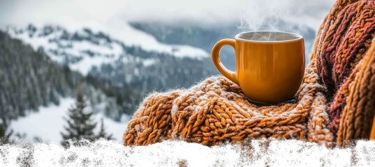 Cozy winter scene with steaming coffee mug on knitted scarf, snowy mountain landscape in background