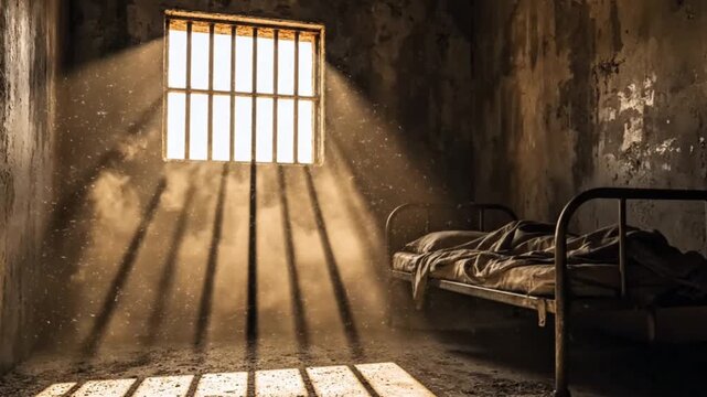 Sunlight Through Prison Window Illuminating Dusty Abandoned Jail Cell Interior 
