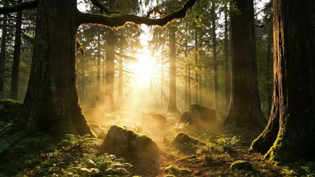 Slow motion mist gently rolling through a tranquil, ancient forest at dawn wilderness, vapor, nature